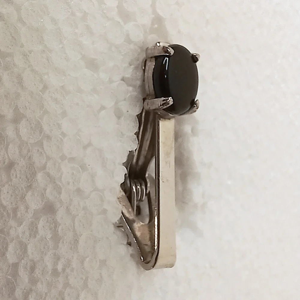 Silver Tie Clip Onyx Natural Black Onyx, Elegant Classic Timeless Vintage